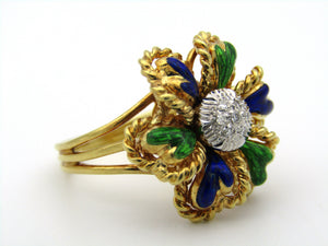 18K gold enamel and diamond flower ring.