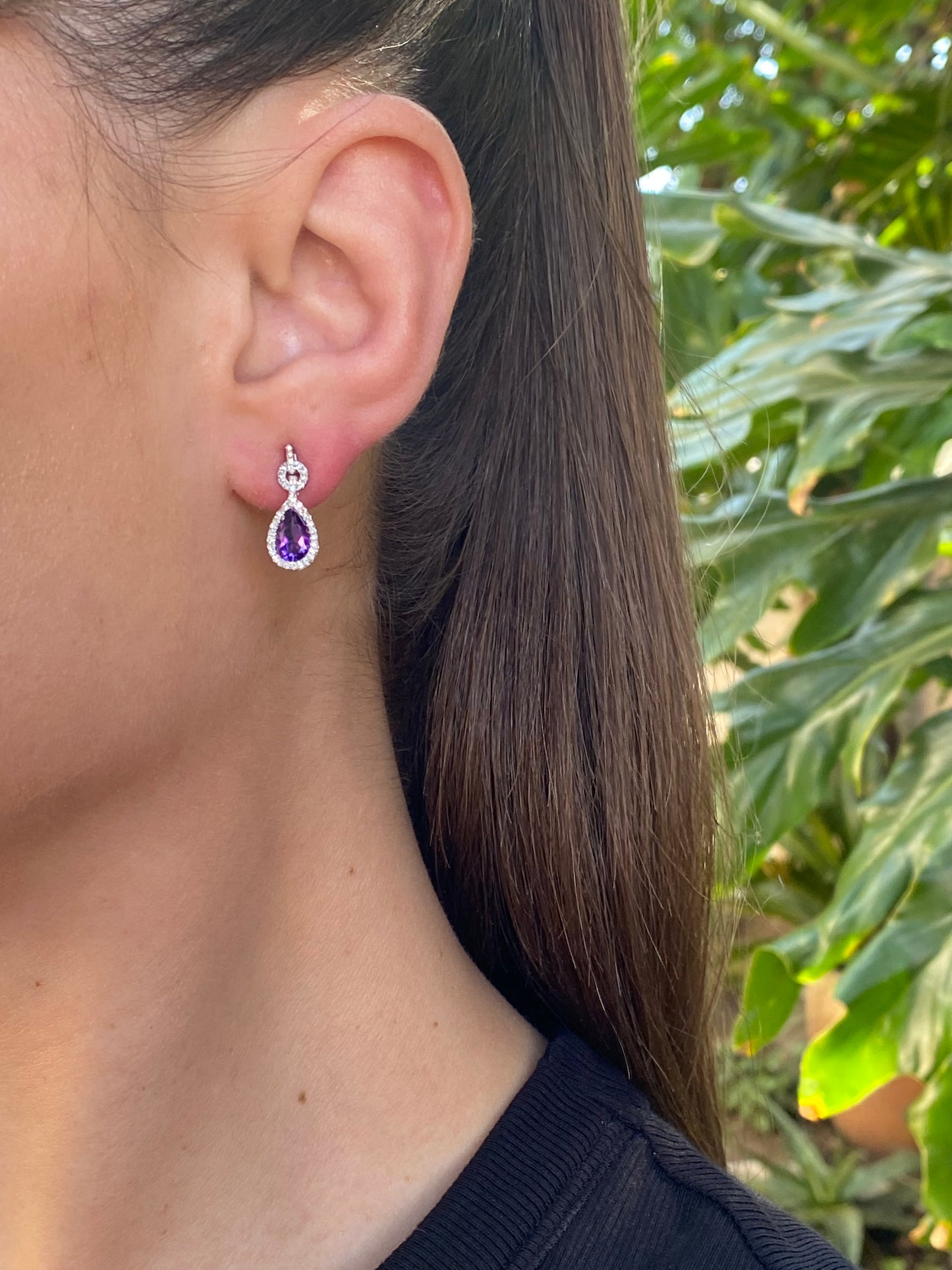 9K gold amethyst and diamond drop earrings.