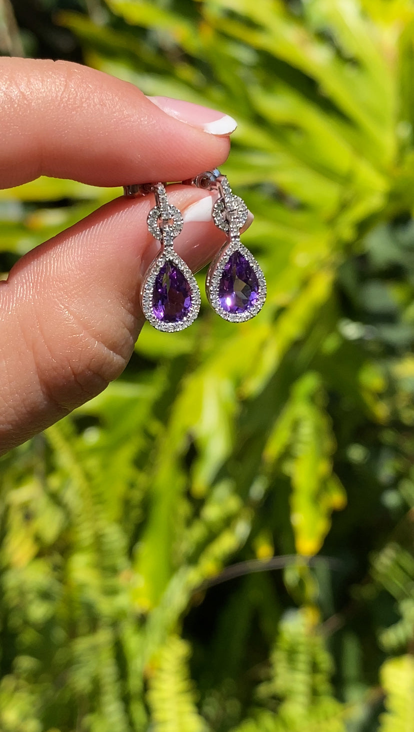 9K gold amethyst and diamond drop earrings.