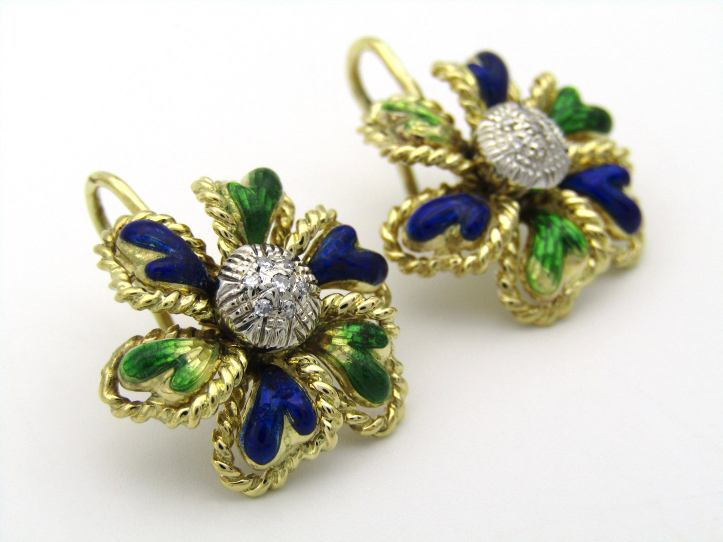 18K gold enamel and diamond earrings.