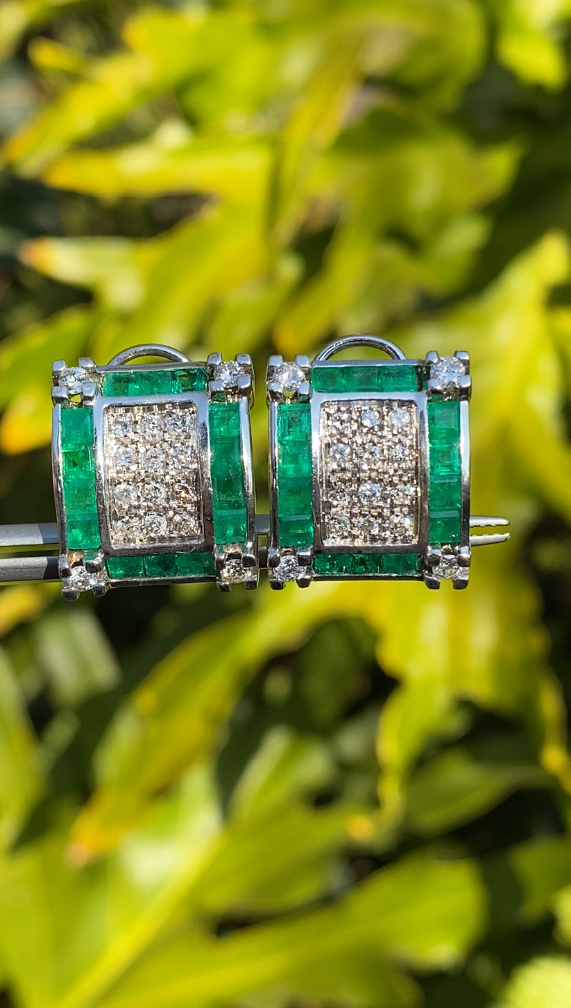 9K gold Art Deco style emerald and diamond earrings.