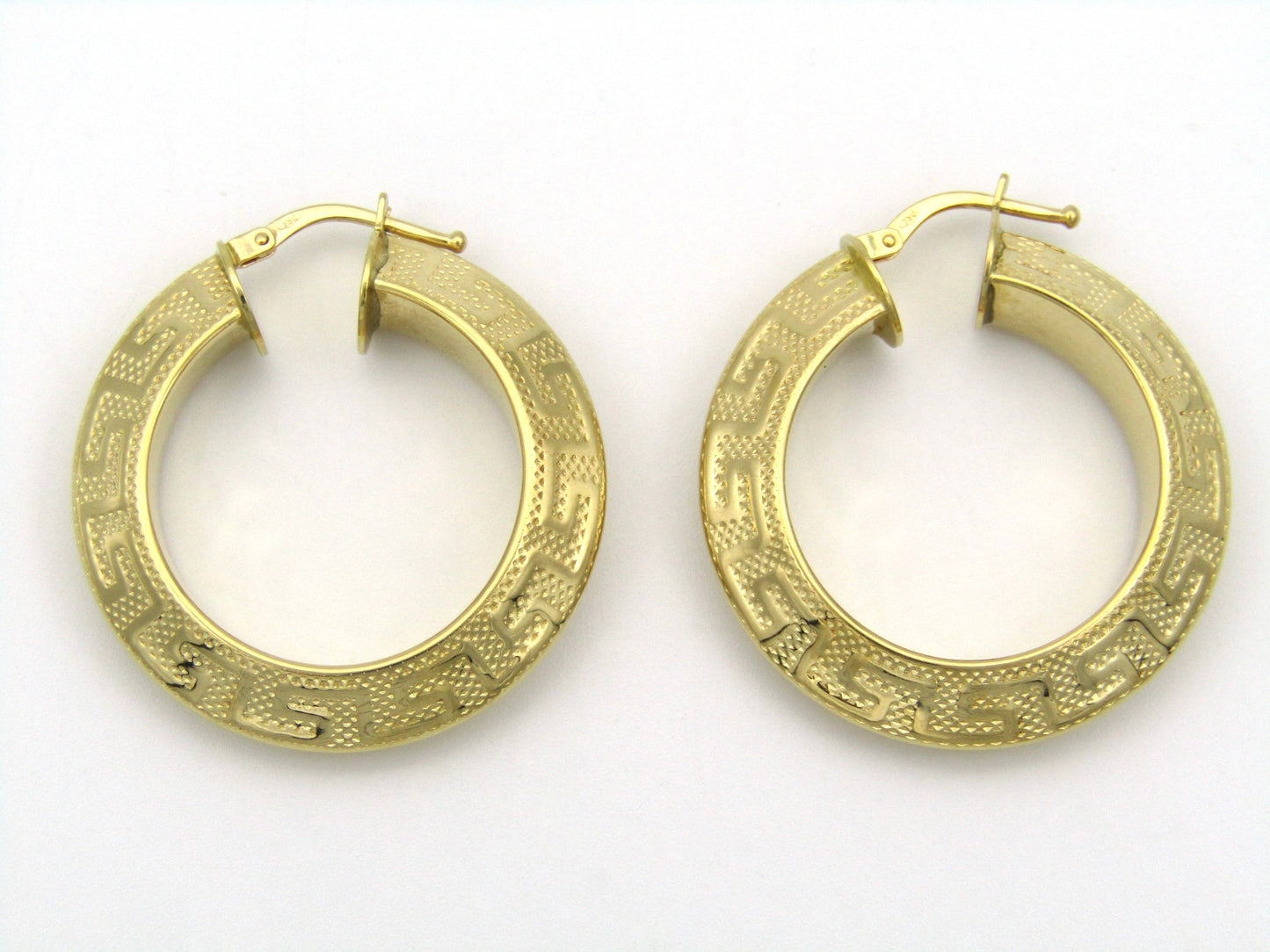 18K gold Versace style Greek Key pattern hoop earrings.