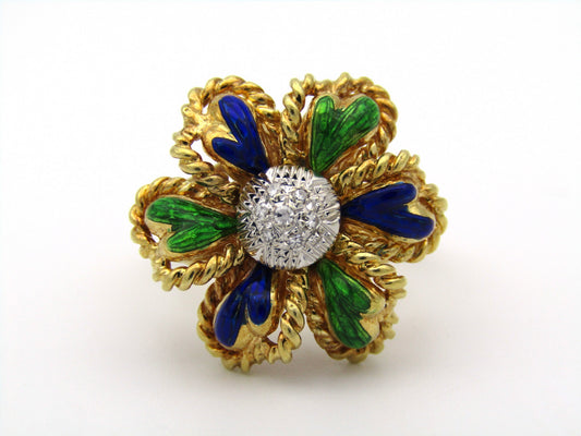 18K gold enamel and diamond flower ring.