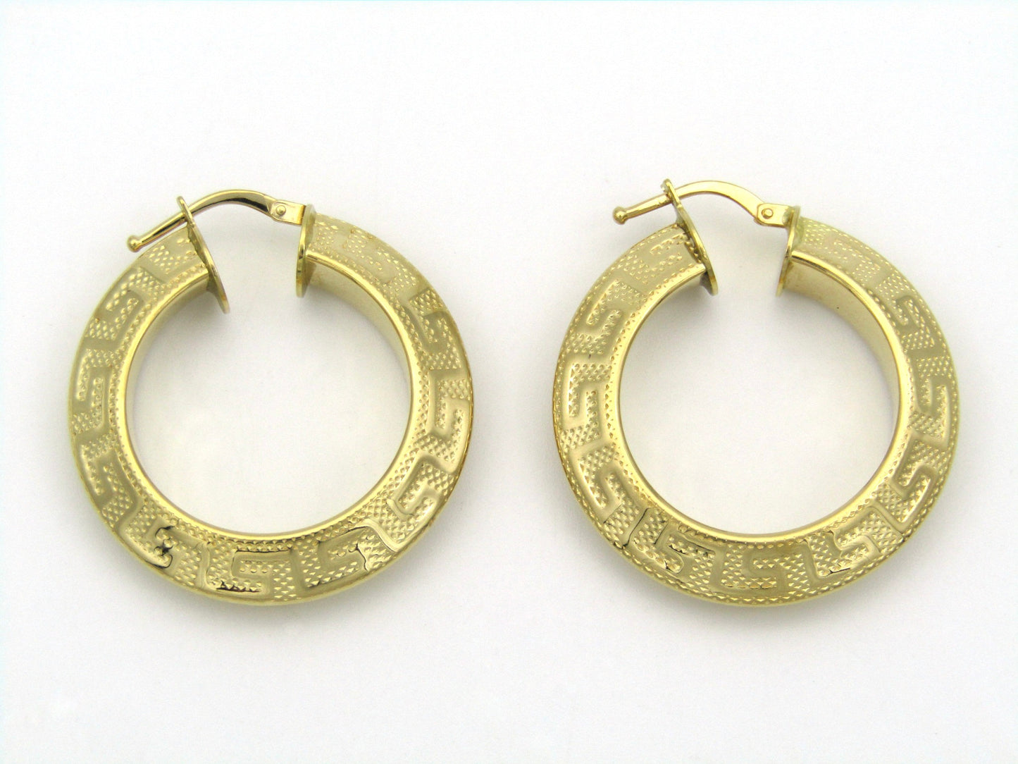 18K gold Versace style Greek Key pattern hoop earrings.