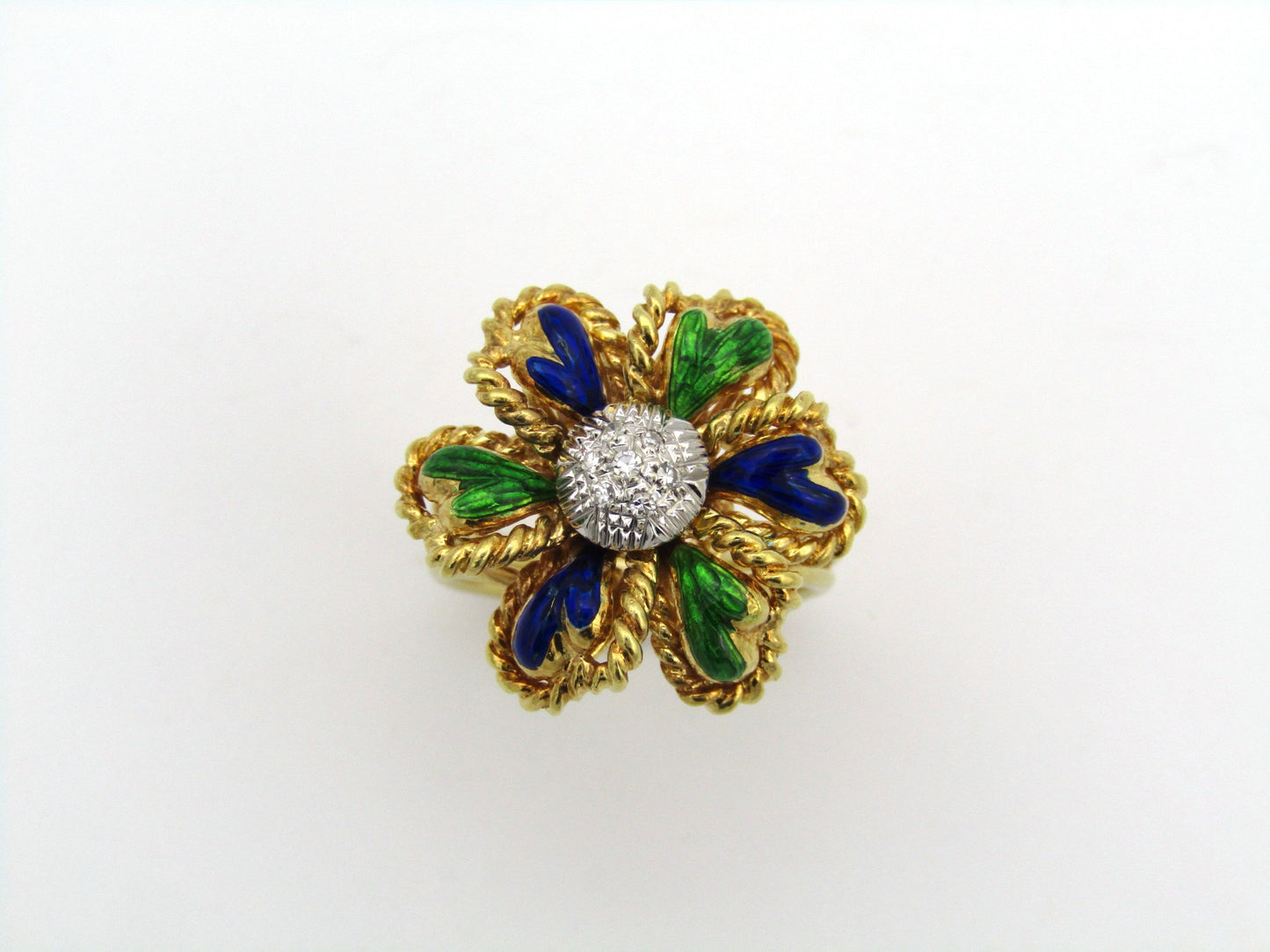 18K gold enamel and diamond flower ring.