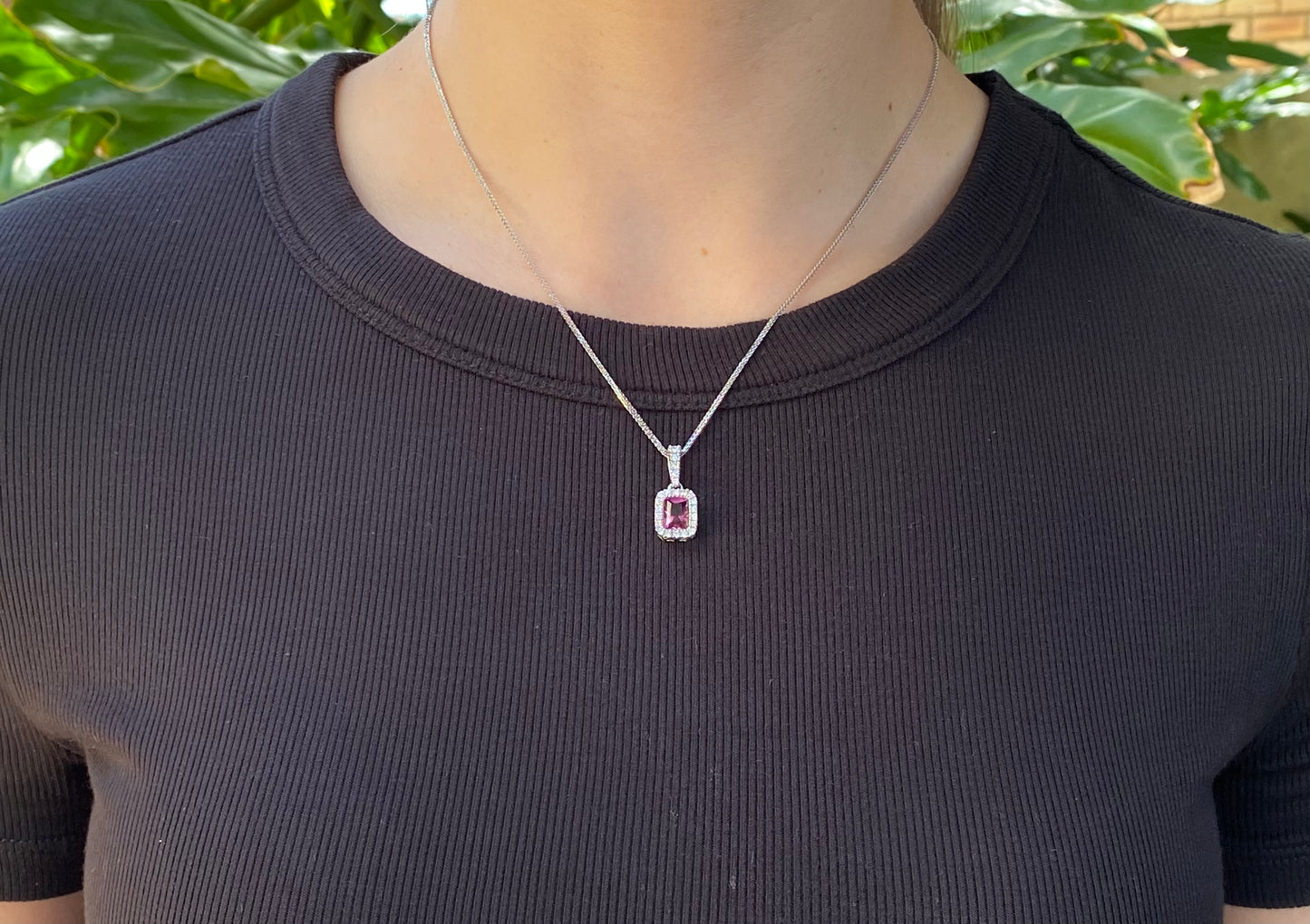 14K white gold Pink Tourmaline and diamonds pendant.