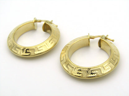 18K gold Versace style Greek Key pattern hoop earrings.