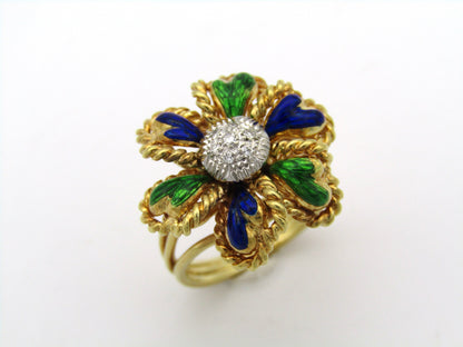 18K gold enamel and diamond flower ring.