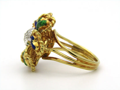 18K gold enamel and diamond flower ring.