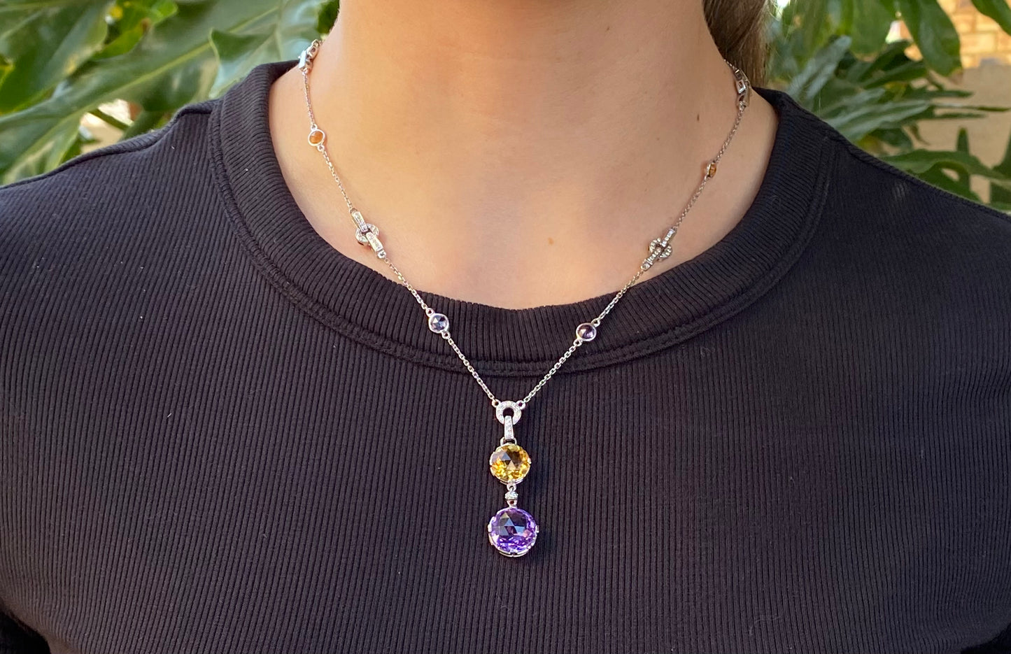 18K gold amethyst, citrine, and diamond necklace.