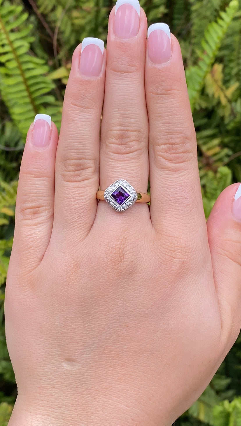 18K gold amethyst and diamond ring.