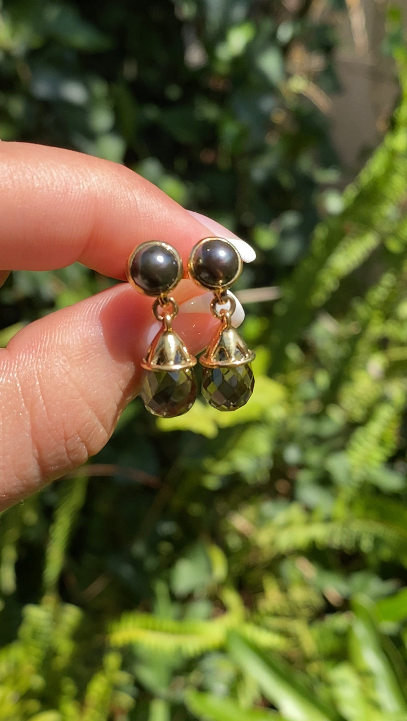 18K gold smoky quartz and pearl dangle earrings.