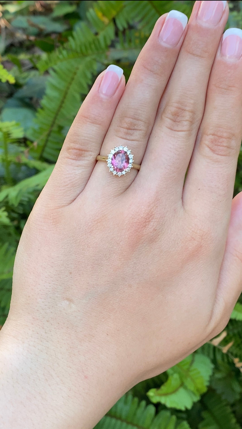 14K gold Pink Tourmaline and diamond ring.