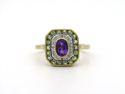 9K gold amethyst, prasiolite, and diamond ring.