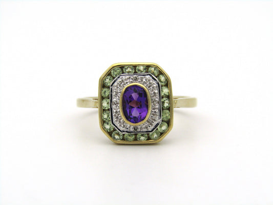 9K gold amethyst, prasiolite, and diamond ring.