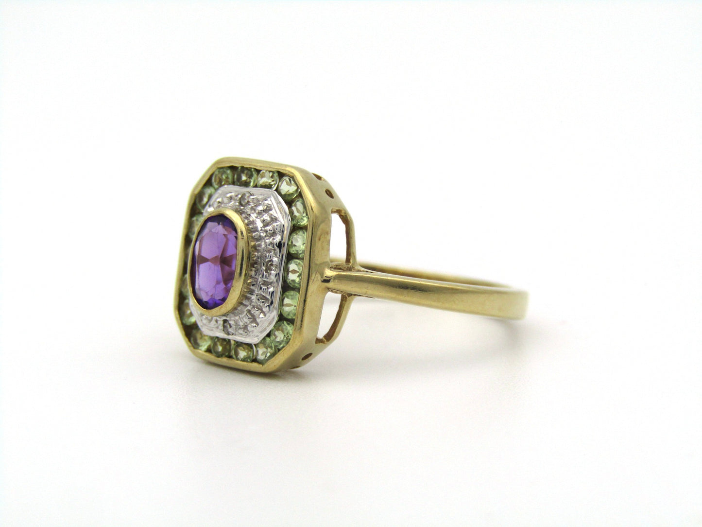 9K gold amethyst, prasiolite, and diamond ring.