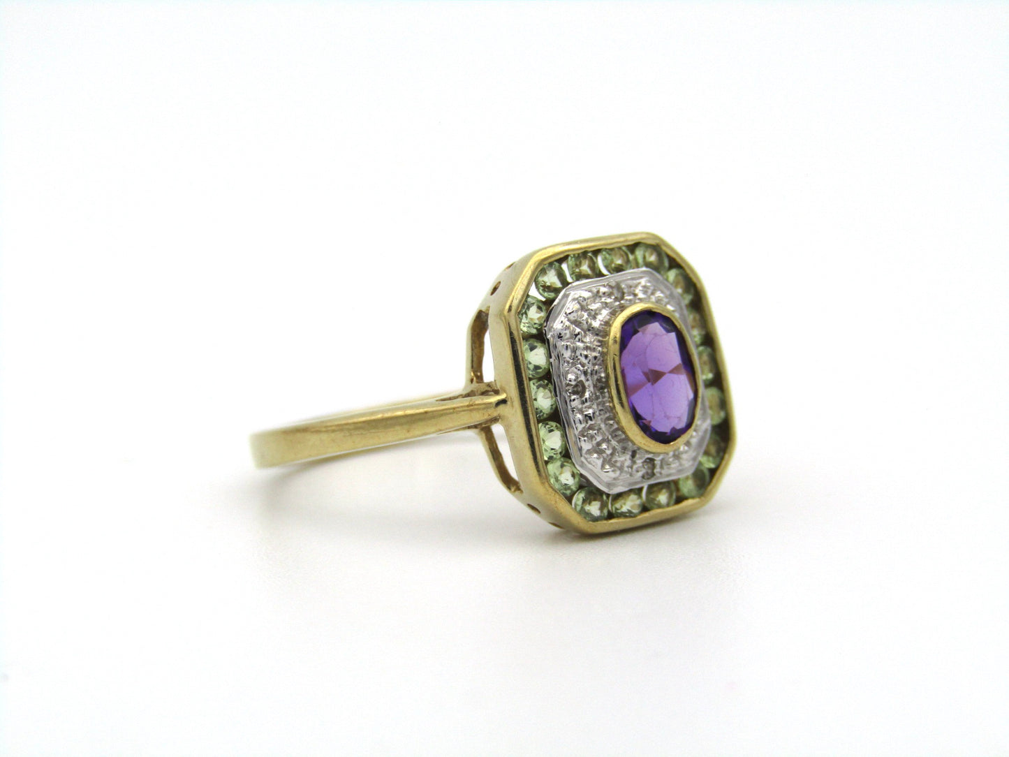 9K gold amethyst, prasiolite, and diamond ring.