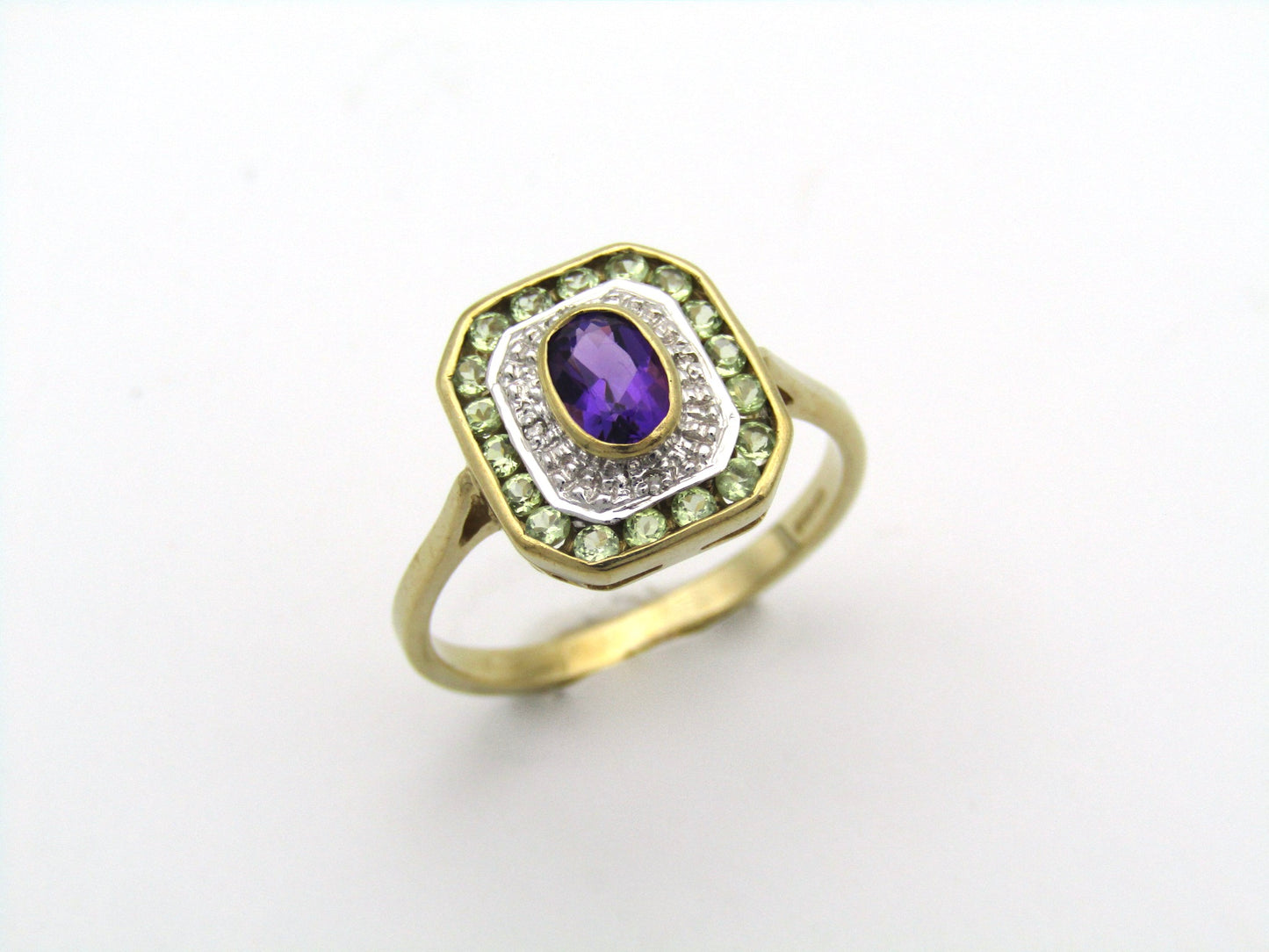 9K gold amethyst, prasiolite, and diamond ring.