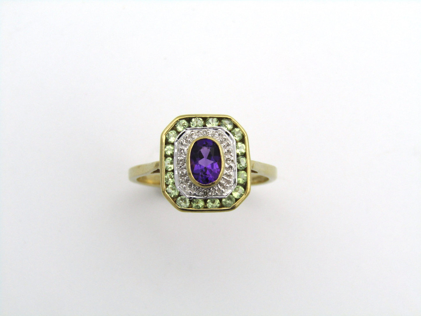 9K gold amethyst, prasiolite, and diamond ring.