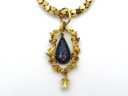 18K gold Georgian enamel, ruby, and seed pearl pendant with 18K gold popcorn chain by UnoAerre.