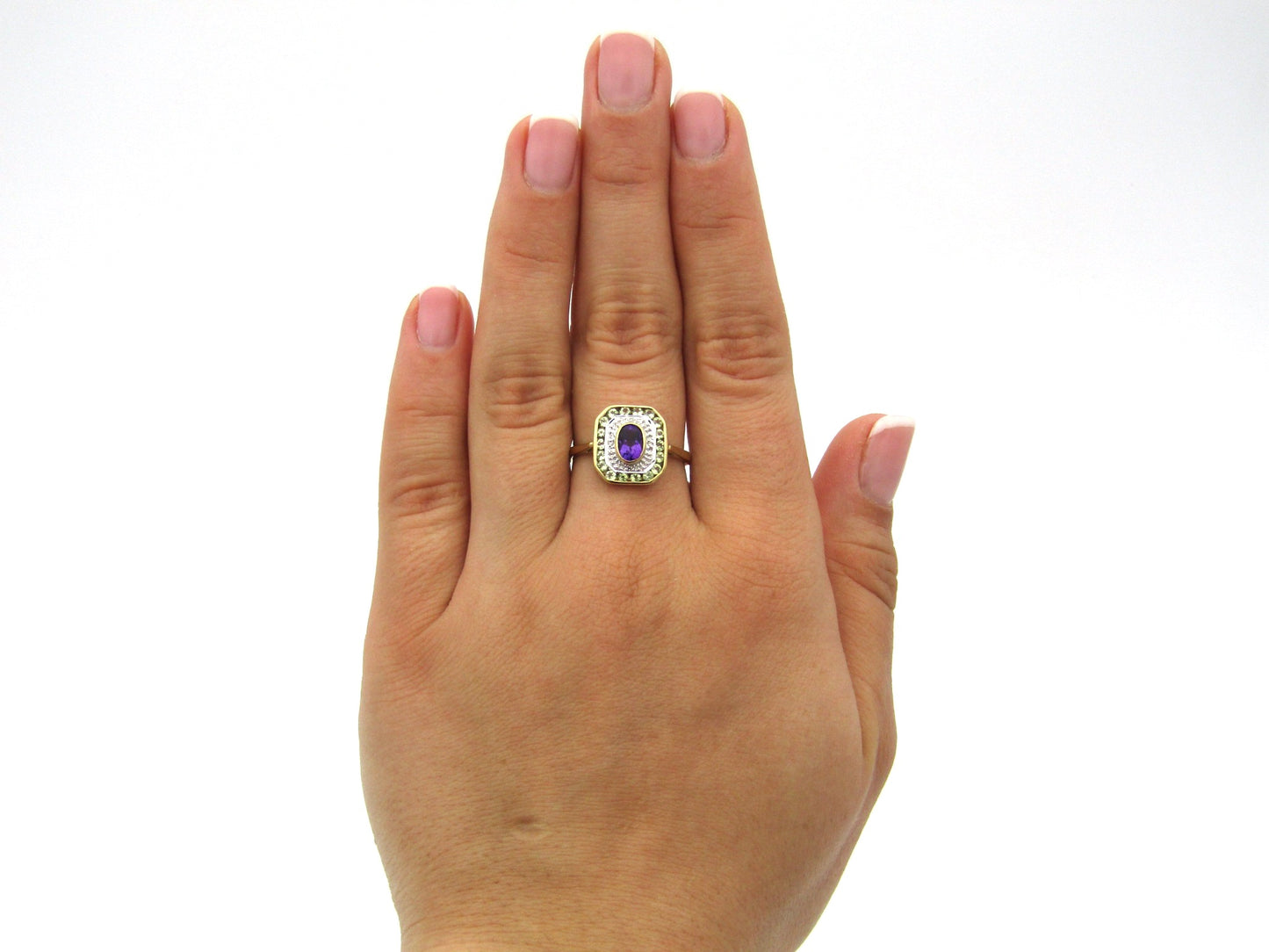 9K gold amethyst, prasiolite, and diamond ring.