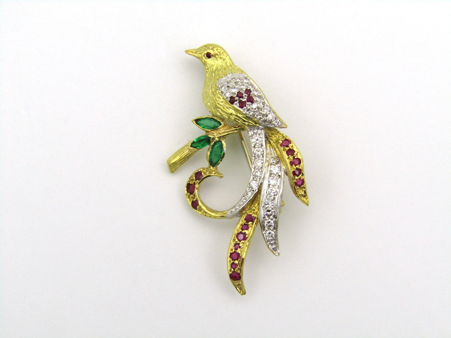 18K gold diamond, ruby, and emerald pheasant brooch.