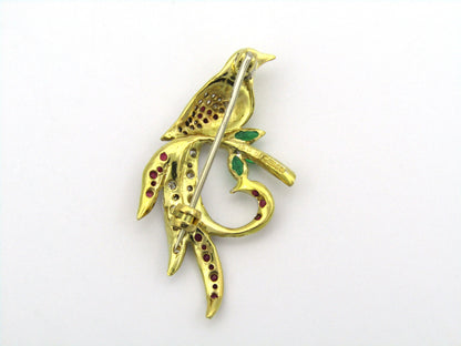 18K gold diamond, ruby, and emerald pheasant brooch.