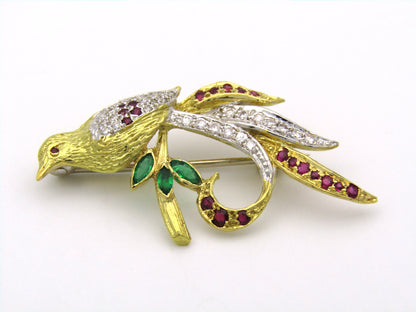 18K gold diamond, ruby, and emerald pheasant brooch.