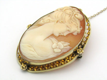 Gold plated shell cameo brooch.