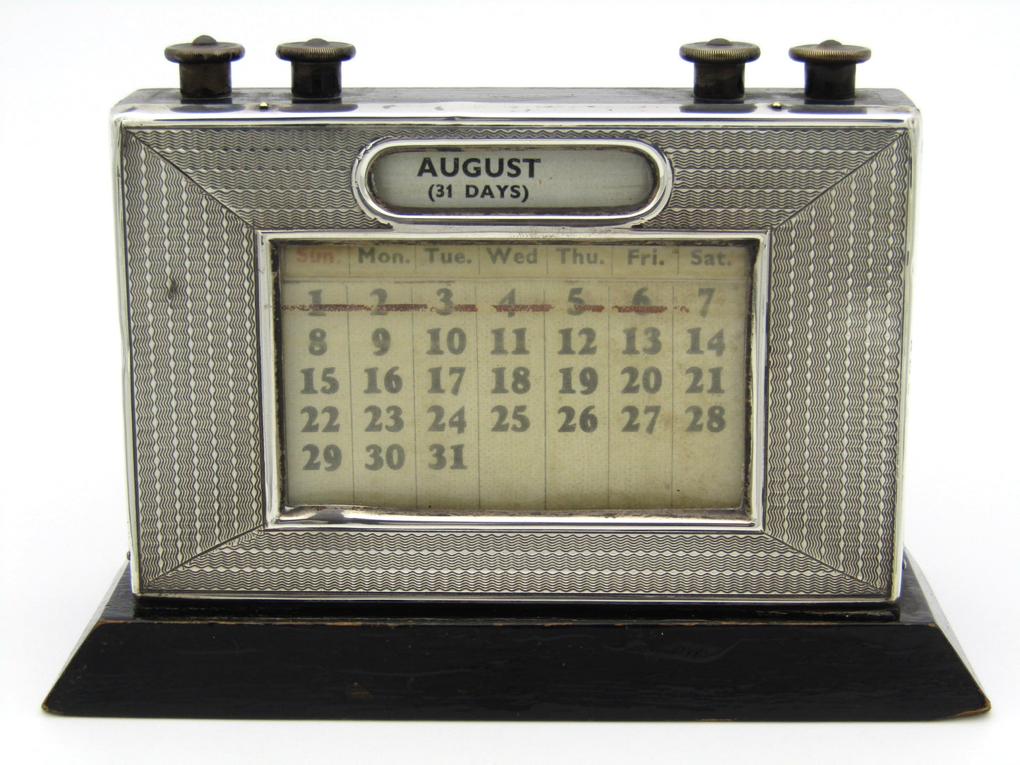 Art Deco silver desk calendar by W.J. Myatt & Co., Birmingham 1933.