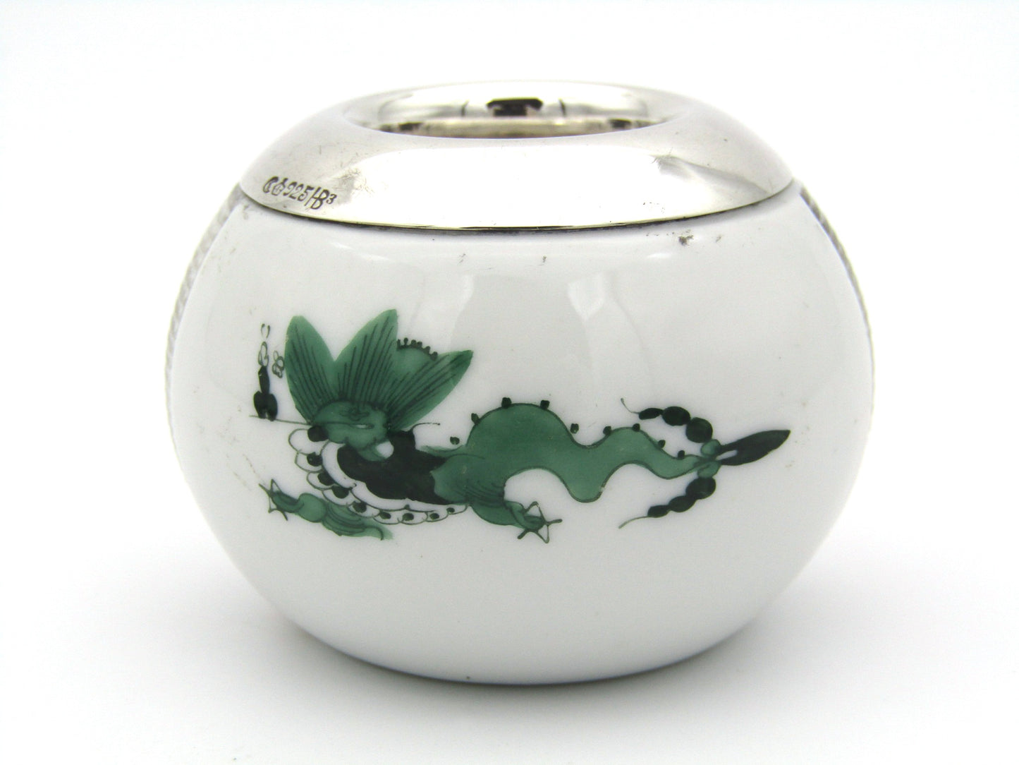 Meissen green dragon match striker with silver mount.