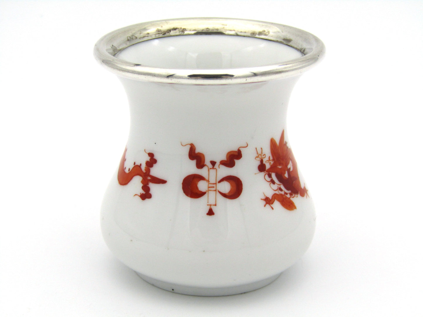 Meissen red dragon bud vase with silver mount.