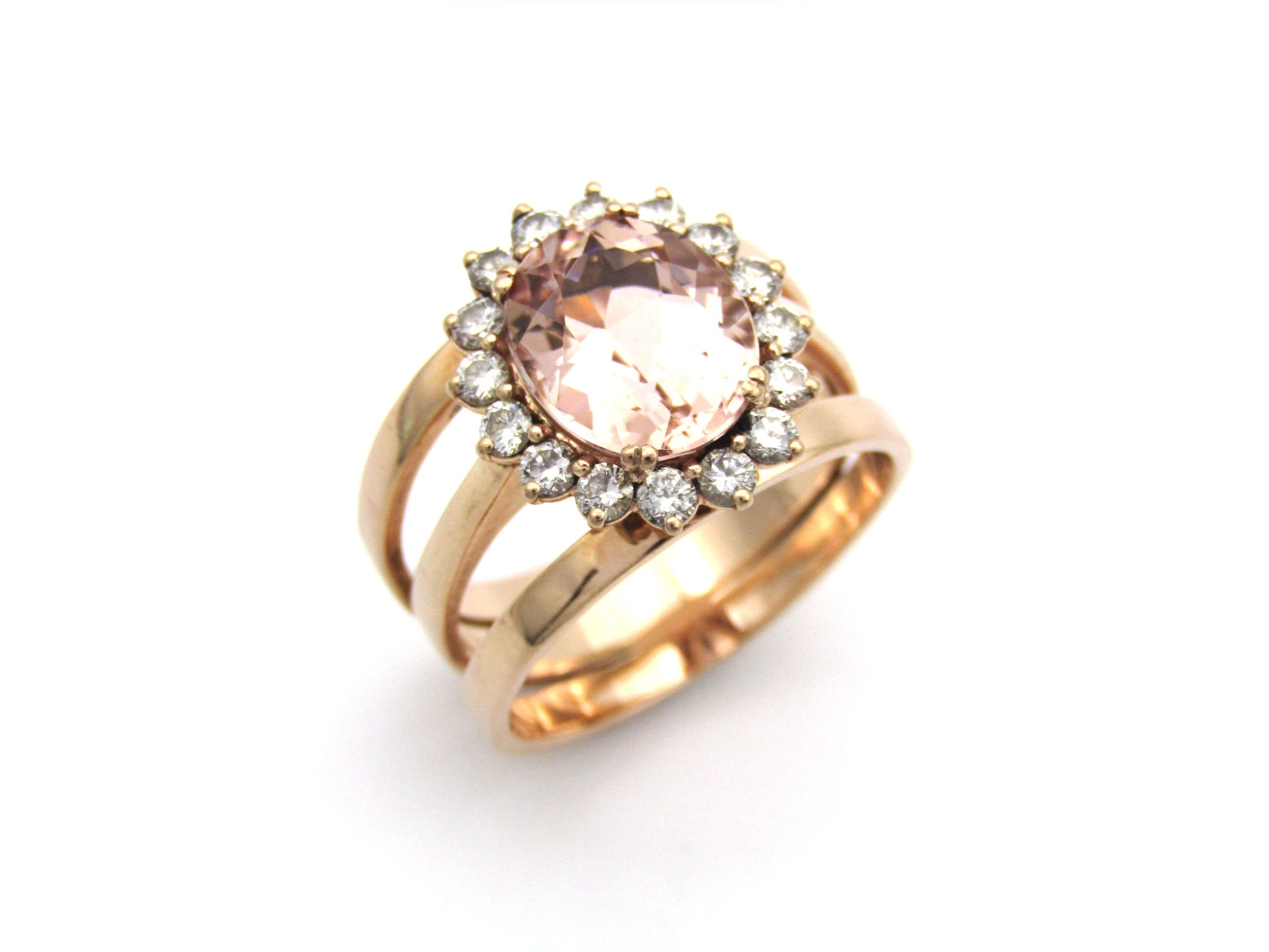 9K gold morganite and diamond ring.