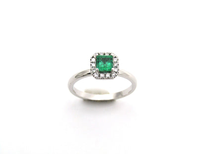 14K gold emerald and diamond halo ring.