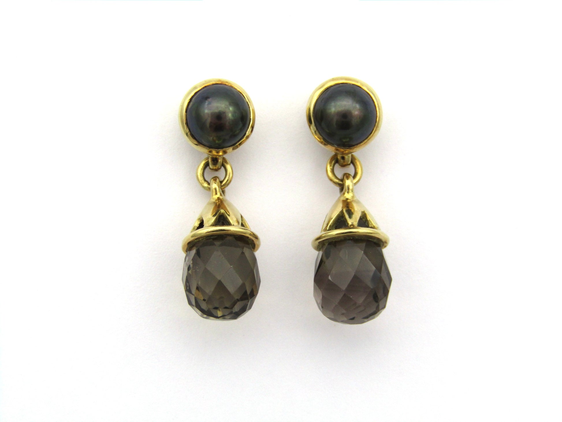 18K gold smoky quartz and pearl dangle earrings.