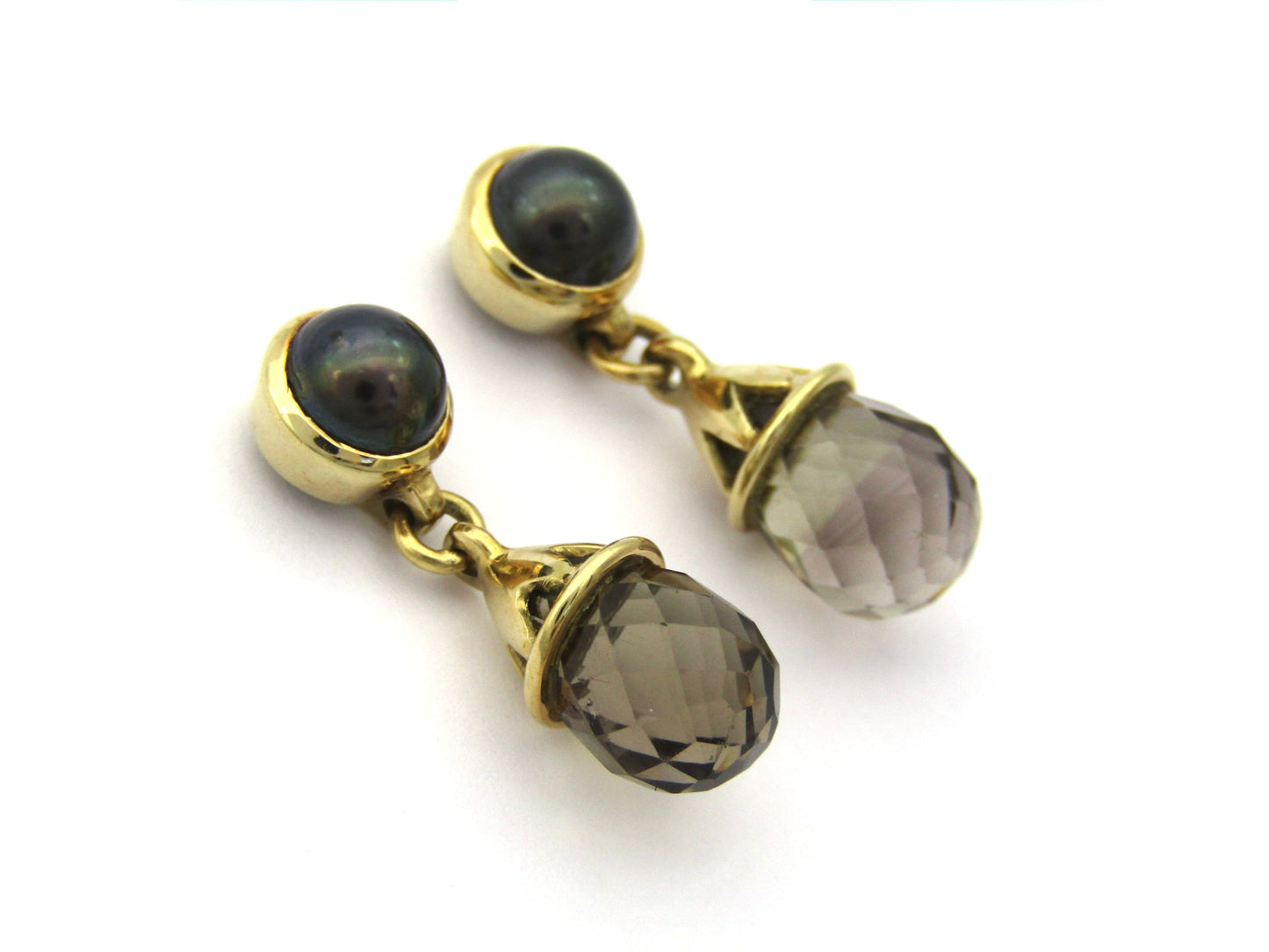 18K gold smoky quartz and pearl dangle earrings.