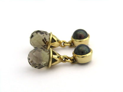 18K gold smoky quartz and pearl dangle earrings.