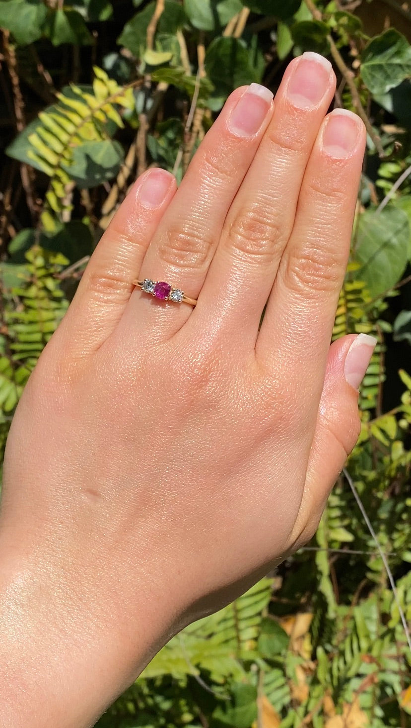 14K gold ruby and diamond trilogy ring