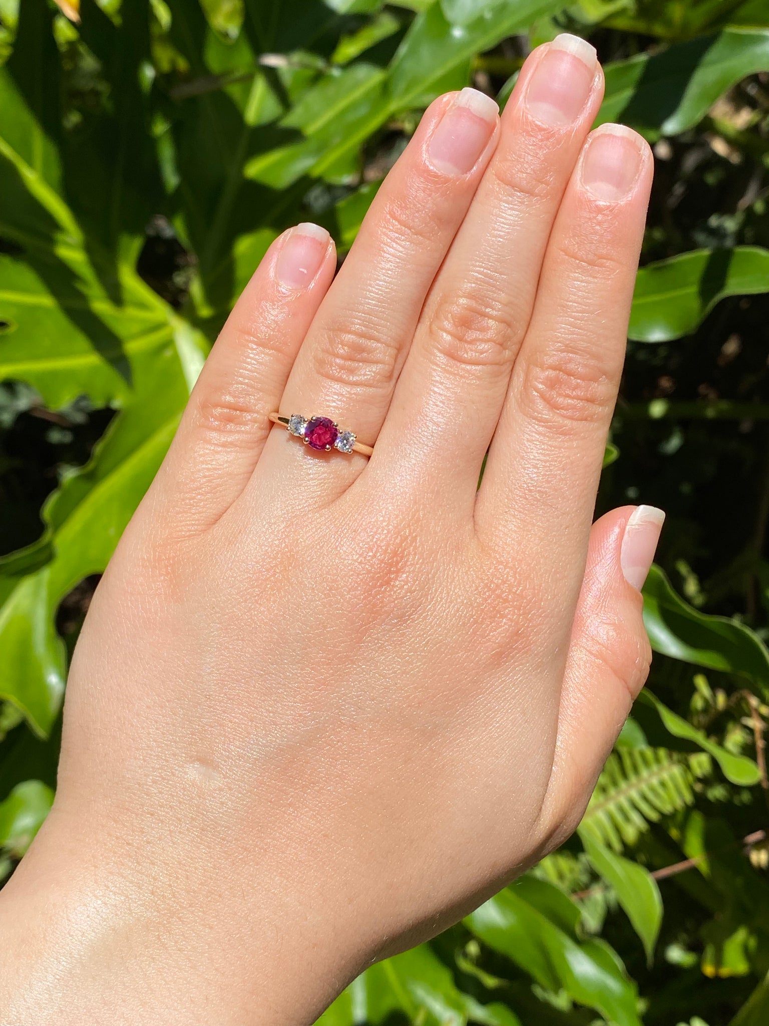 14K gold ruby and diamond trilogy ring.