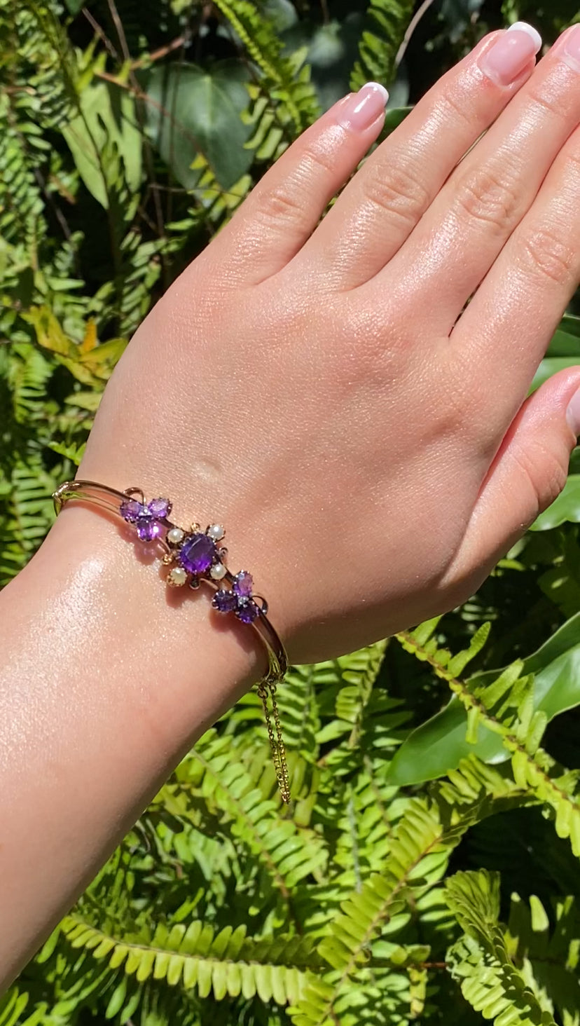 14K gold Edwardian amethyst, pearl, and diamond bangle.