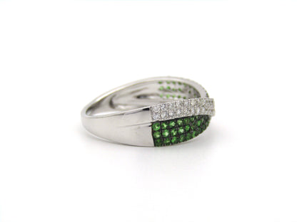 18K gold tsavorite garnet and diamond crossover ring.