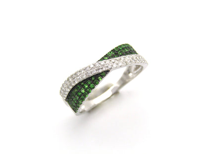 18K gold tsavorite garnet and diamond crossover ring.