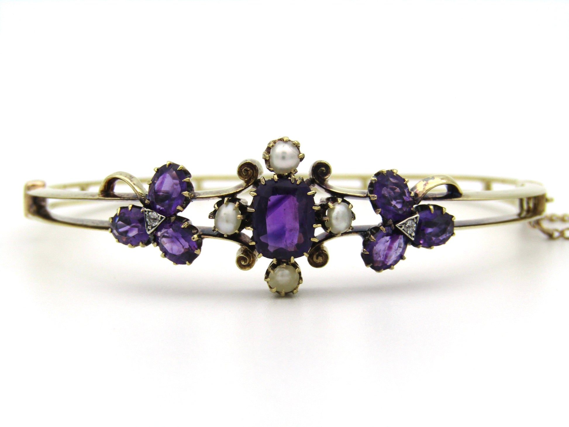 14K gold Edwardian amethyst, pearl, and diamond bangle.