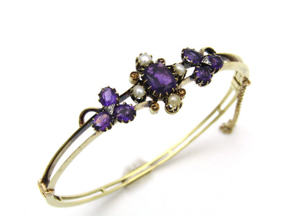 14K gold Edwardian amethyst, pearl, and diamond bangle.