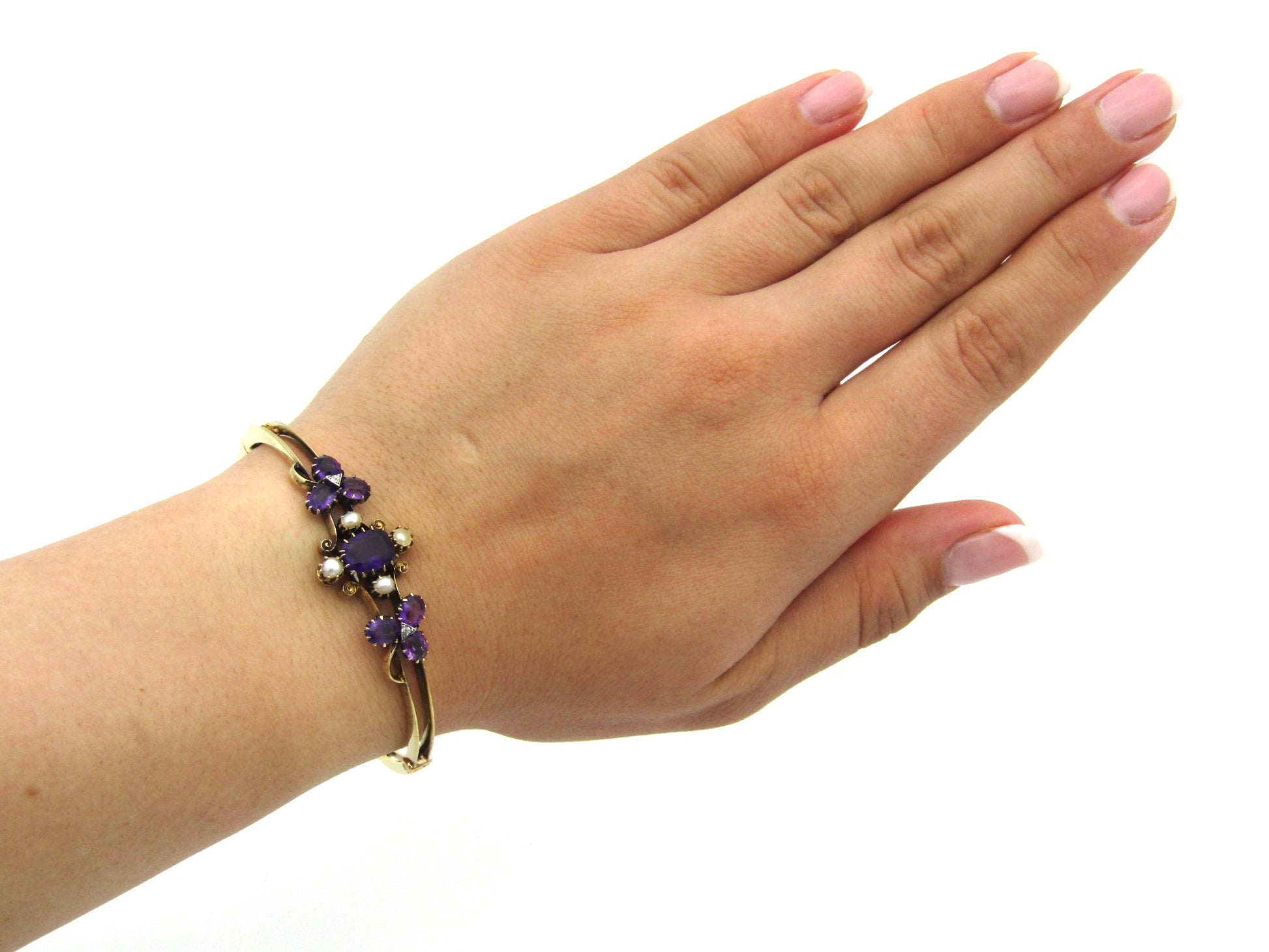 14K gold Edwardian amethyst, pearl, and diamond bangle.