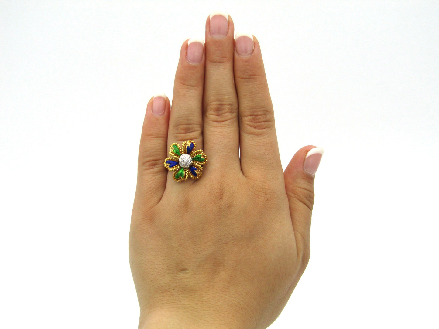 18K gold enamel and diamond flower ring.