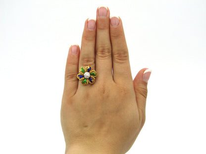 18K gold enamel and diamond flower ring.