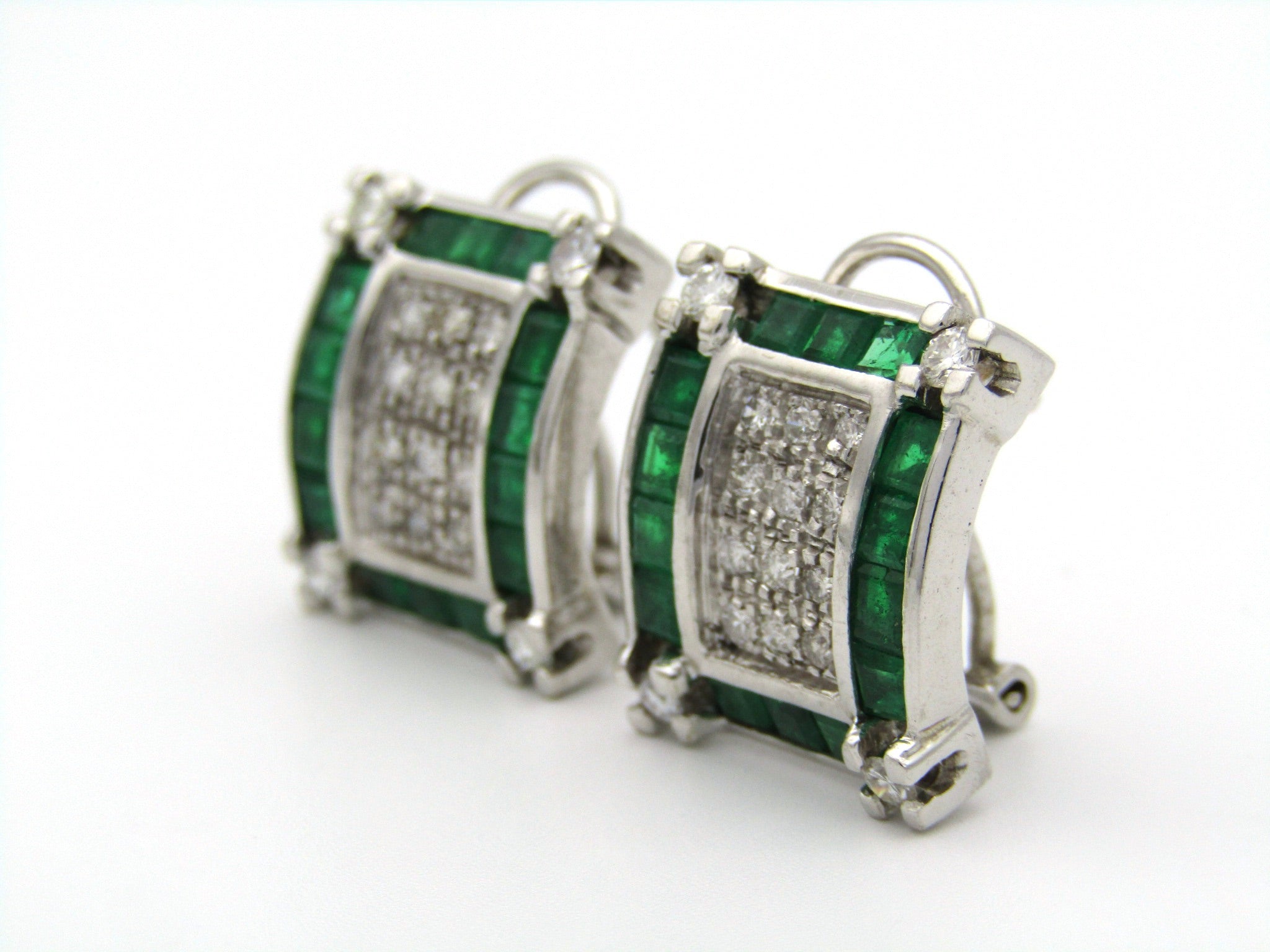 9K gold Art Deco style emerald and diamond earrings.