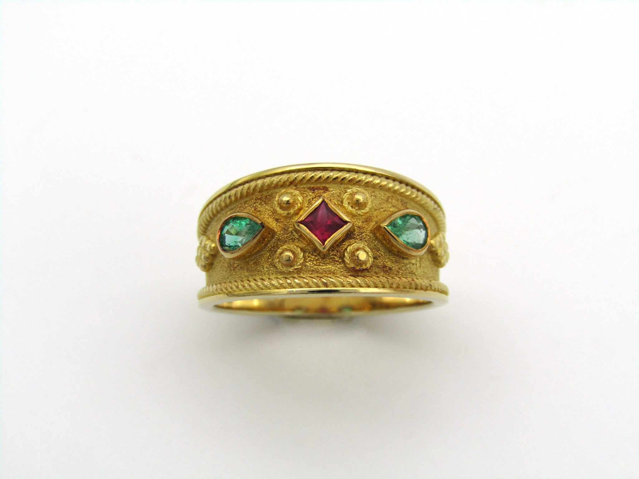 14K gold ruby and emerald ring.