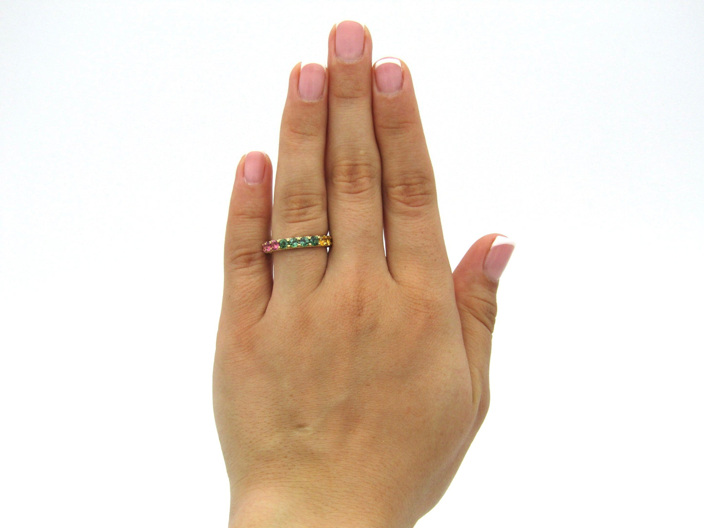 14K gold tourmaline eternity ring.